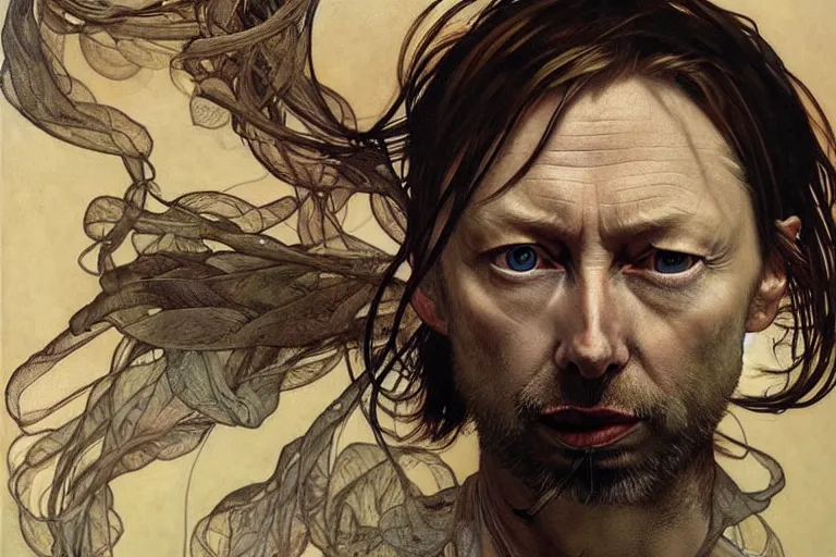 Prompt: hyper realistic portrait of wider face thom yorke on stage, by lee bermejo, alphonse mucha and greg rutkowski