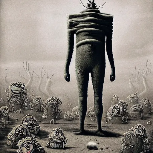 Image similar to spongebob squarepants in style of zdzisław beksinski, standing in wasteland, horror art, creepy, desolate, spongebob, spongebob, spongebob, spongebob