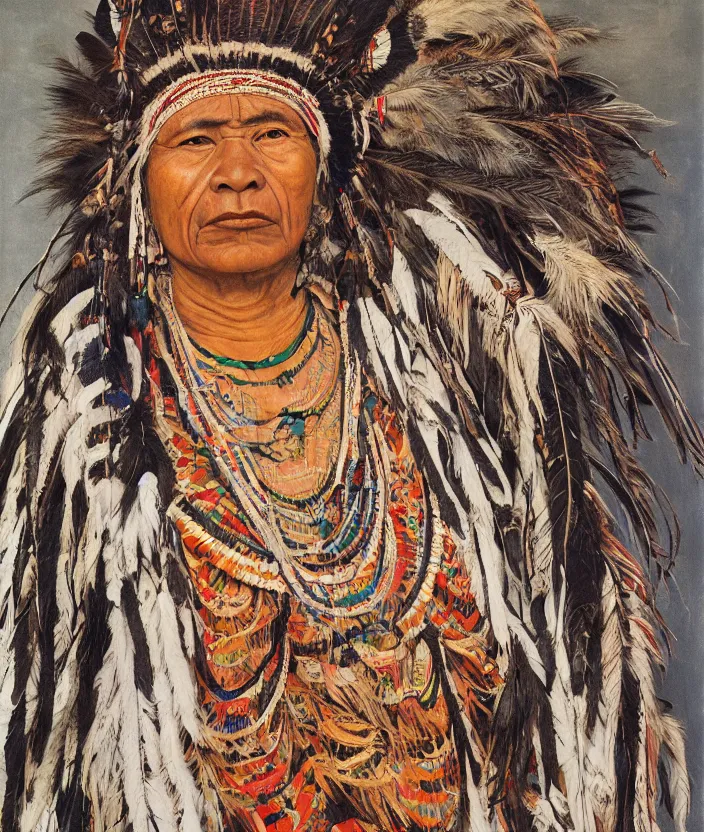 Prompt: full body shot picture of indigenous people woman leader in canyon, painted by lucian freud, intricate costume design, beautiful feathers, hd, super detailed, realistic, muted colors