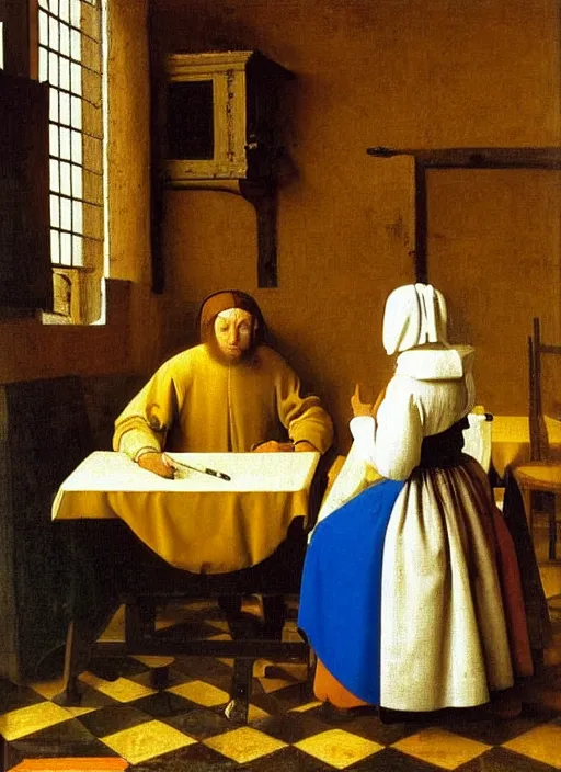 Image similar to Young man sitting at the table with young pretty blonde girl at the crowded inn. Medieval painting by Jan van Eyck, Johannes Vermeer, Florence