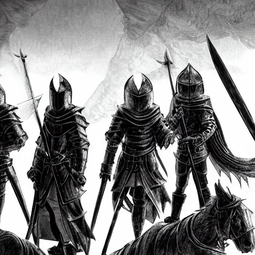 Image similar to a group of knights in the style of kentaro miura, 4 k, 8 k, absolute detailing of even the smallest details and particles, beautiful shadows, beautiful art, black and white drawing, high rendering of the details of the environment and faces