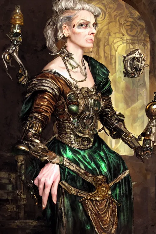 Image similar to portrait, headshot, digital painting, of a old 17th century, beautiful lady cyborg merchant, amber jewels, dark green satin dress, implants, baroque, ornate clothing, scifi, futuristic, realistic, hyperdetailed, chiaroscuro, concept art, art by waterhouse and witkacy