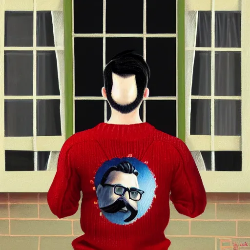 Image similar to An Oil Painting of the back view of Rivers Cuomo in a sweater with long hair and a mustache sweating bullets as he looks outside his window in front of him in his apartment to see kim jong un's nukes falling onto the city, hyperrealistic, extremely realistic, highly realistic, HD Quality, 4k resolution, 8k resolution, Detailed, Very Detailed, Highly Detailed, Extremely Detailed, Intricate Details, Real, Very Real, Oil Painting, Digital Painting, Painting, Trending on Deviantart, Trending on Artstation