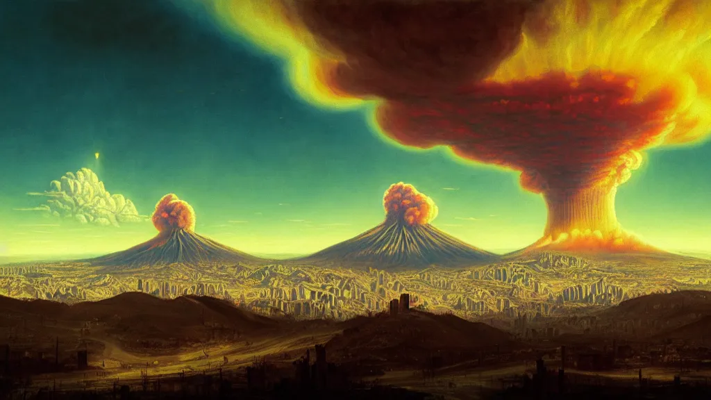 Image similar to Nuclear Fallout towering over the town of Quito by Simon Stålenhag and J.M.W. Turner, oil on canvas; Art Direction by Adam Adamowicz; 4K, 8K Ultra-Realistic Depth Shading