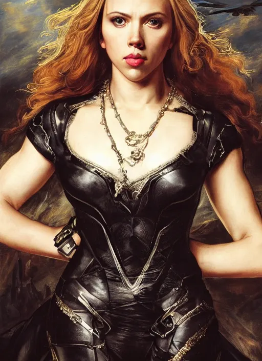 Prompt: Beautiful ,black Canary , Scarlett Johansson,, Dramatic, Edge, Good, Infused, Backlight, De-Noise, VFX, insanely detailed and intricate, hypermaximalist, facial ,elegant, ornate, hyper realistic, super detailed, by Anthony Van Dyck, by Ivan Shishkin, by John Constable