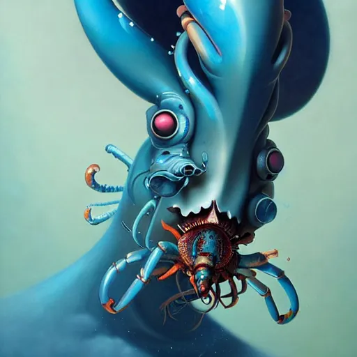 Image similar to The god of wateers resembles a blue lobster, blue lobster, cosmic, horror, Peter Mohrbacher, artwork by Peter Mohrbacher, inspired by Salvador Dalí, surreal