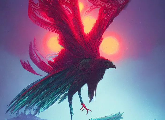 Prompt: A psychedelic Evergreen winterberry wereraven , vibrant color scheme, highly detailed, in the style of romanticism, cinematic, artstation, Moebius, Greg rutkowski