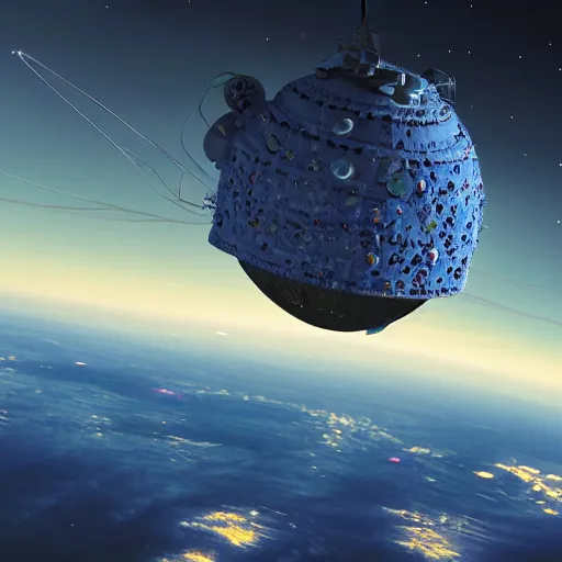 Prompt: high above earth's atmosphere a impossibly large alien mothership craft (reminiscent of a golf-ball) with antennae and many little docking ports, charges up it's neon electric blue weapon that will recycle earth on Tuesday, people on the ground eat donuts in quaint cafes, 8K, 4K, Octane, UE5, photorealistic, cinematic