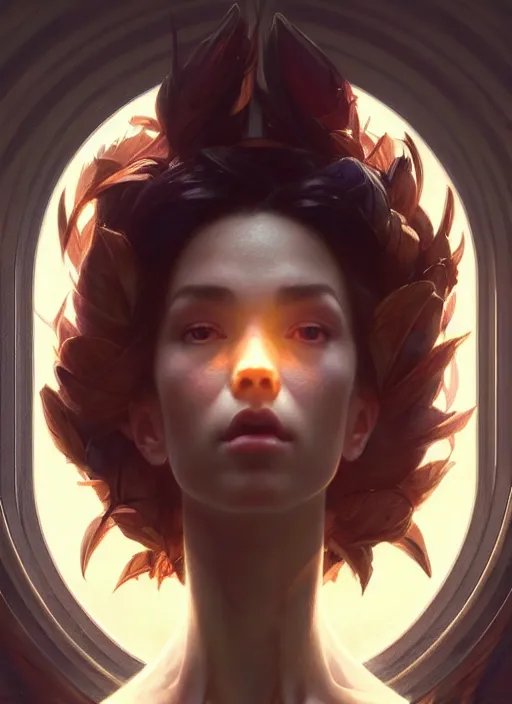 Image similar to beautifull, by greg rutkowski, symmetry, concept art by artgerm, distance render portrait of a hyper realistic, pixar, intense, epic, powerfull, alphonse mucha, octane render, highly detailed, high quality, 8 k, soft lighting, path traced, and uang guangjian and gil elvgren, symmetry!!