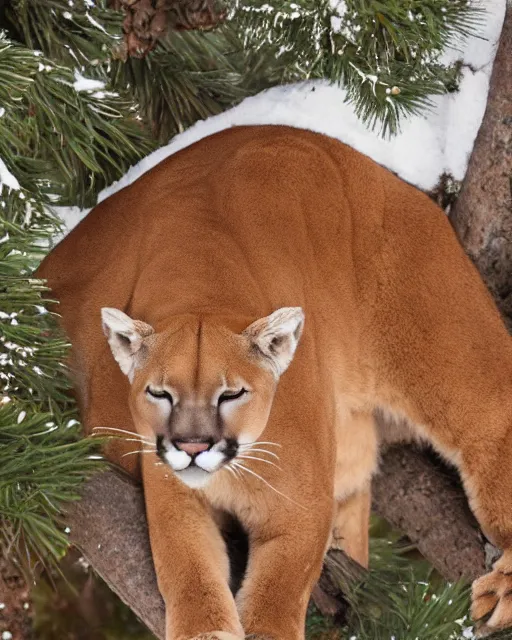 Prompt: postcard showing 'a cougar sleeping in the middle of snowy pine tree' laying on coffee table, zoomed out, HD, iphone screenshot