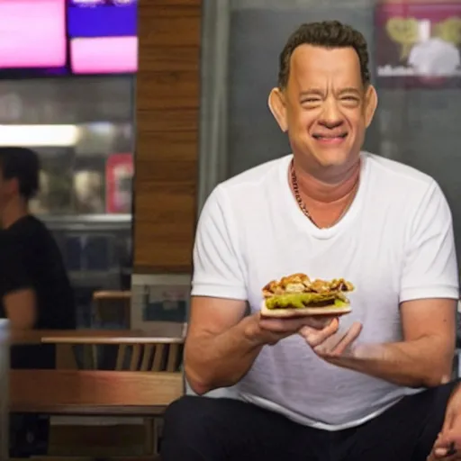 Image similar to Tom Hanks looking extremely happy while eating alone at Taco Bell