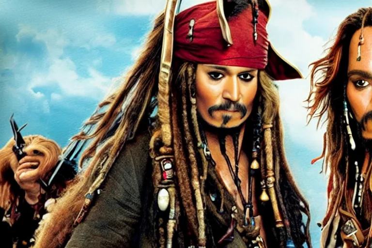 Image similar to A high quality movie still from the film Pirates of the Caribbean, starring Chewbacca as Jack Sparrow, alongside Keira Knightly