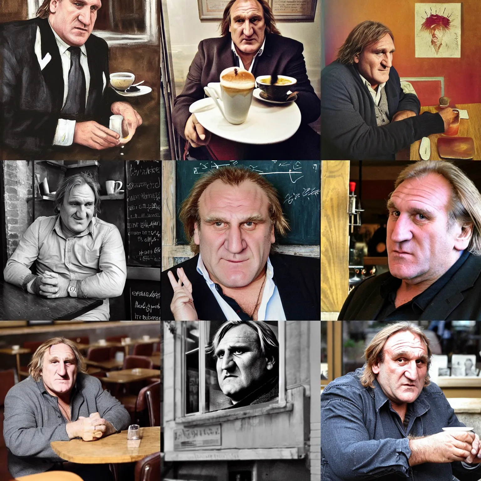 Prompt: Gérard Depardieu in cafe art