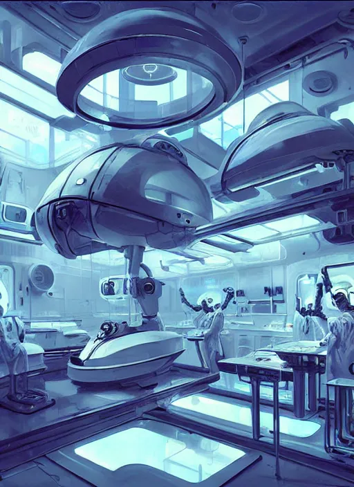 Prompt: futuristic bio laboratory, decaying, glowing tanks with floating bodies mounted on the walls, ceiling mounted robotic surgeon consoles, cosmic horror painting, elegant intricate digital painting artstation concept art by syd mead detailed