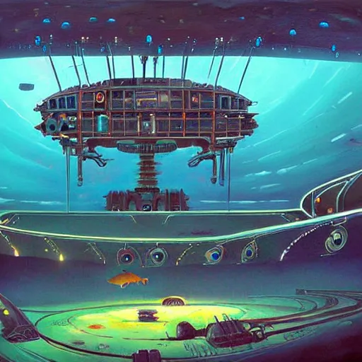 Image similar to beautiful painting of a giant mechanical theatre under the ocean in the style of Simon Stålenhag and H. R. Giger