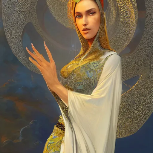 Image similar to a beautiful woman wearing algerian kaftan by alex gray and android jones , Karol Bak, Ayami Kojima, Amano , concept art, character design, fantasy,3D, 8k resolution