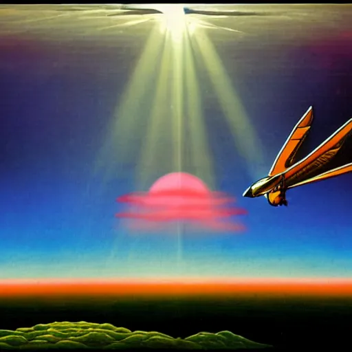 Prompt: commodore amiga with wings flying towards the sun, sunrays, lightly clouded