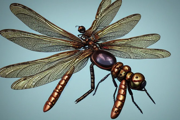 Prompt: super detailed steampunk dragonfly with big eyes and shiny wings, realistic, 4k