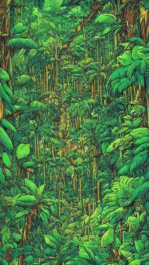 Image similar to a dense amazon rainforest jungle by dan mumford