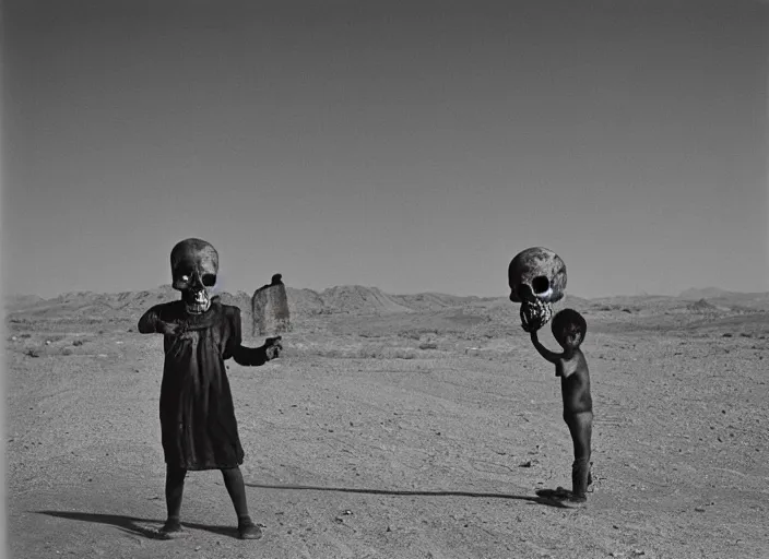 Prompt: child wearing a skull mask, post - apocalyptic desert, holding a sythe, dust and grime, chromogenic medium print