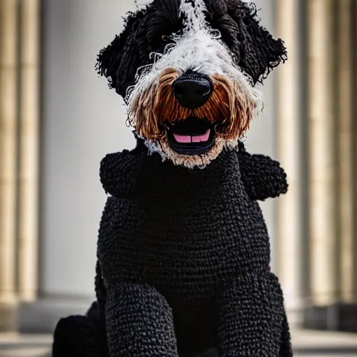 Image similar to a closeup photorealistic photograph of a cute smiling knitted bernedoodle judge dog dressed in a black gown, presiding over the courthouse. indoor image, professional capture, well lit shot. this 4 k hd image is trending on artstation, featured on behance, well - rendered, extra crisp, features intricate detail, epic composition and the style of unreal engine.