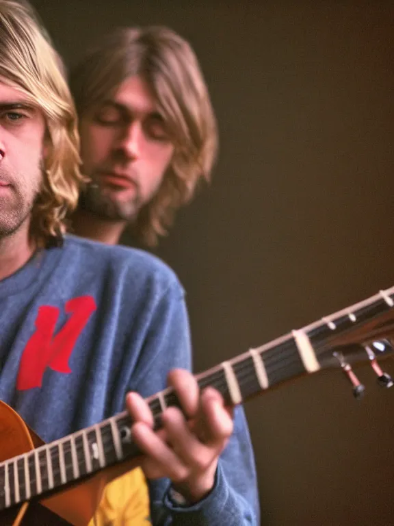 Prompt: 4K HD, high detail photograph, shot with Sigma f/ 4.2 , 250 mm sharp lens, overlap perspective, shallow depth of field : (subject= Kurt Cobain + subject detail= guitar, accurate body features, consistent, high detailed light refraction , high level texture render)