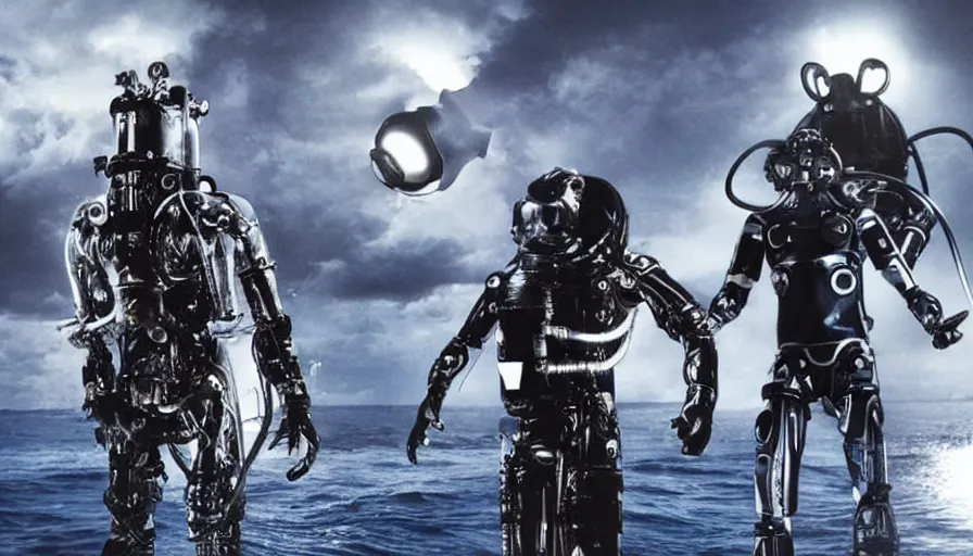 Image similar to Big budget movie about a cyborg demon fighting a deep sea diving suit