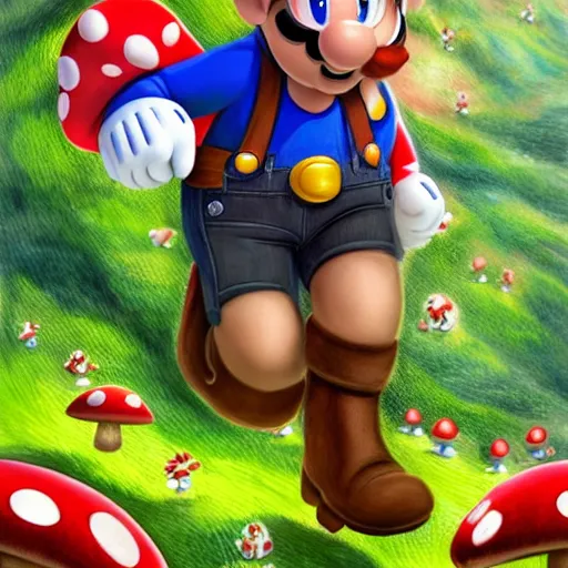 Prompt: a realistic portrait of chris pratt dressed as super mario running in a field of mushrooms by android jones