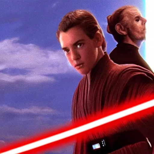 Prompt: a still from star wars : the phantom menace, showing joe biden!!! as a jedi, having a lightsaber duel with spider - man