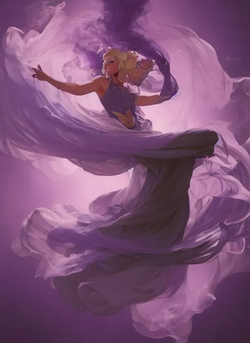 Prompt: madam mim, purple smoke aura in motion, floating pieces, painted art by tsuyoshi nagano, greg rutkowski, artgerm, alphonse mucha, spike painting