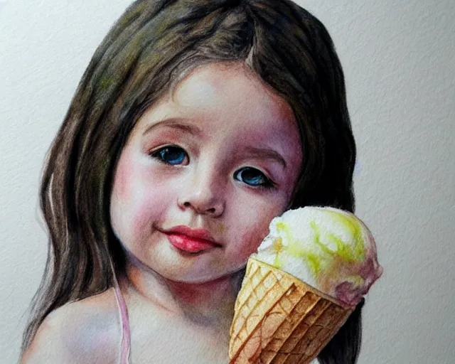 Image similar to a little girl with the ice cream watercolor colored pencil painting trending on artstation