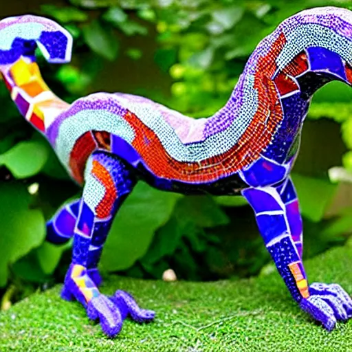 Image similar to mosaic sculpture of a alebrije chimera!!!, irregularly shaped mosaic tiles, hand glazed pottery shards, in the style of folk art, in a cottagecore flower garden