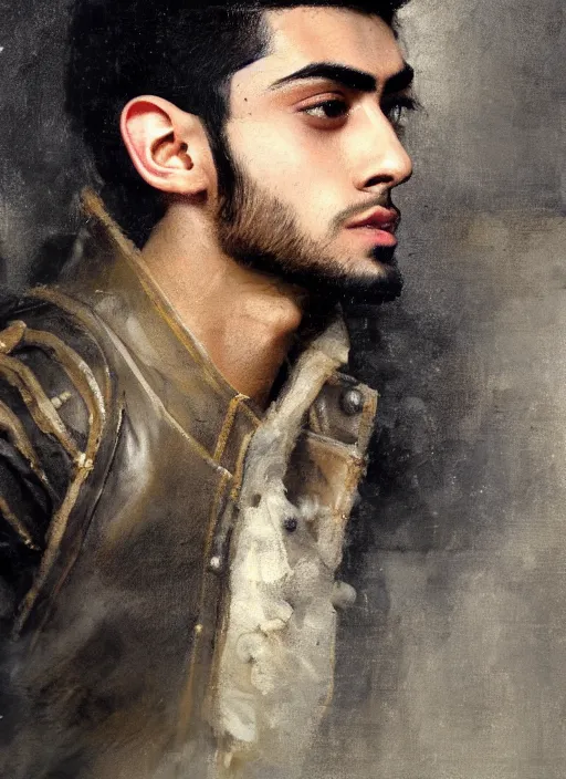 Image similar to close up head and shoulders portrait painting of young man who looks like zayn malik as an elf by jeremy mann, wearing leather napoleonic military style jacket, only one head single portrait, pointy ears