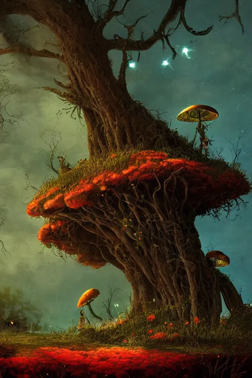 Image similar to a beautiful digital illustration painting of a detailed foreboding skies fantasy fireflies and roots, dark mushroom, flowers by roger dean, caspar david friedrich, and david rios ferreira, 8 k resolution trending on artstation concept art digital illustration