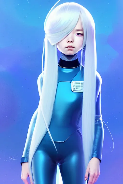 Image similar to perfect android girl family, explorer suit, artgem, scifi, futuristic design, bae suzy, long white hair!!!, blue eyes,, full body character design, cinematic lighting, highly detailed, artstation, divine, by huifeng huang, beeple, goro fujita, smooth gradient.