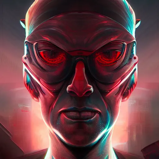 Image similar to a digital painting of a man with red eyes, cyberpunk art by android jones, zbrush central contest winner, afrofuturism, dystopian art, detailed painting, parallax