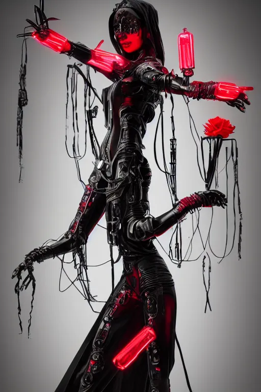 Image similar to full-body cyberpunk style sculpture of a young beautiful dark priestess, half android with a head opening exposing circuitry, glowing red eyes, black roses, flowing blood red colored silk, fabric, candles. baroque elements, human skull. full-length view. baroque element. intricate artwork by caravaggio. crows flying in background. Trending on artstation, octane render, cinematic lighting from the right, hyper realism, octane render, 8k, depth of field, 3D