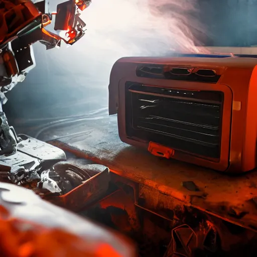 Image similar to head of toaster oven mecha, dark messy smoke - filled cluttered workshop, dark, dramatic lighting, orange tint, cinematic, highly detailed, sci - fi, futuristic, movie still