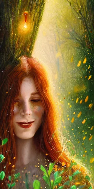 Image similar to infp young woman, smiling amazed, golden fireflies lights, sitting in the midst of nature fully covered, long loose red hair, intricate linework, green eyes, small nose with freckles, oval shape face, realistic, expressive emotions, dramatic lights spiritual scene, hyper realistic ultrafine art by michael cheval, jessica rossier, boris vallejo