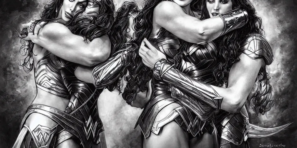 Image similar to Wonder Woman carrying a beautiful woman in her arms, intricate, elegant, highly detailed, DC comics, graphic novel, art by stanley artgerm