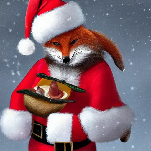 Prompt: A Detailed Award Winning Masterpiece, trending on artstation, 4k, of a fox wearing a santa hat, eating a cheese platter