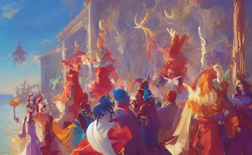 Image similar to the enchanted venice carnival dream with dancing masked people, behance hd artstation by jesper ejsing, by rhads, makoto shinkai and lois van baarle, ilya kuvshinov, ossdraws