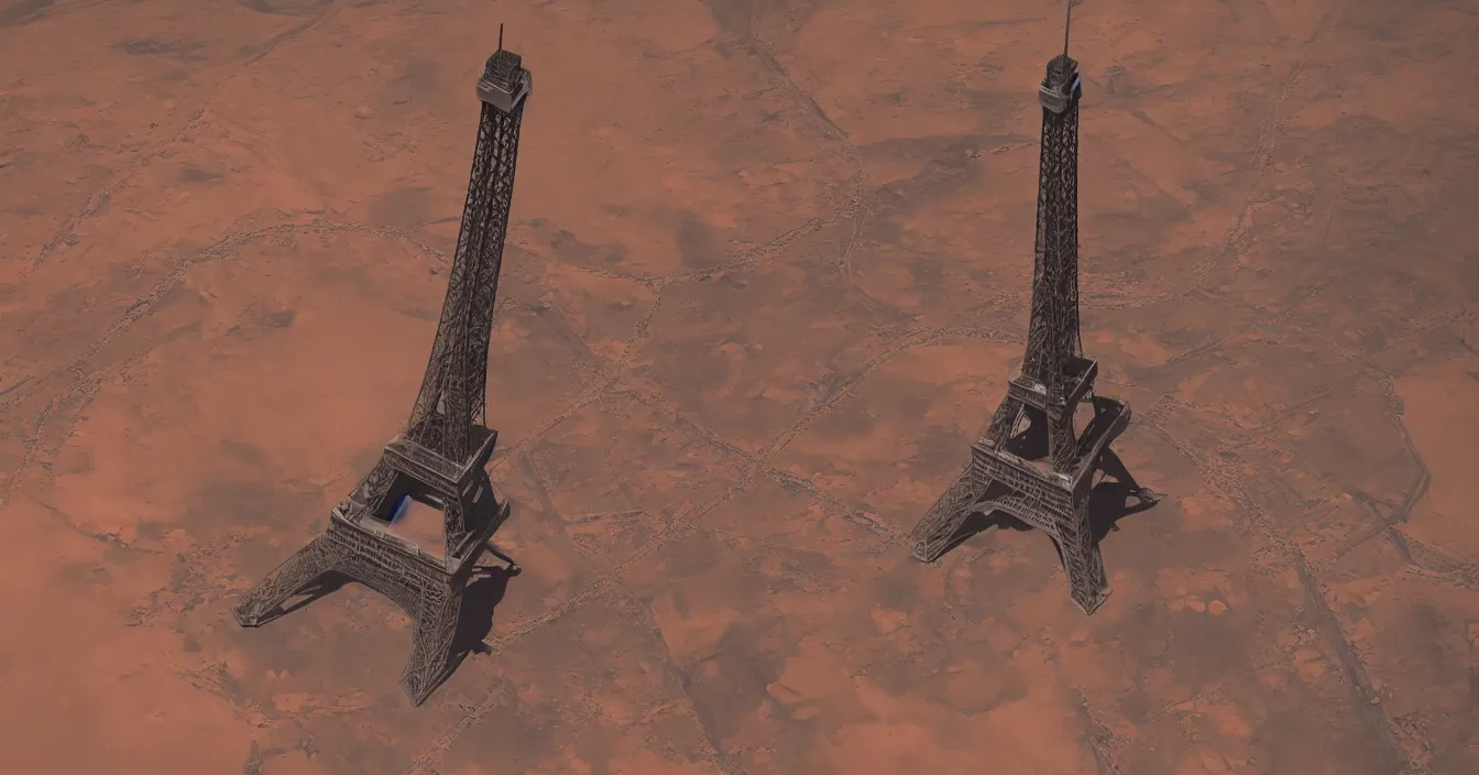 Image similar to spacecraft in the shape of the eiffel tower flies to mars, photorealism, journalistic photography, super detail, composition, qualitative photography