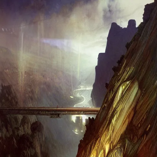 Prompt: hyperrealist portrait of a vast cliff face with one enormous futuristic building jutting out with a bridge to it and suspension cables, over a masive river valley at night by jeremy mann and alphonse mucha and alan lee, fantasy art, photo realistic, dynamic lighting, artstation, poster, volumetric lighting, very detailed faces, award winning, full face, symmetry