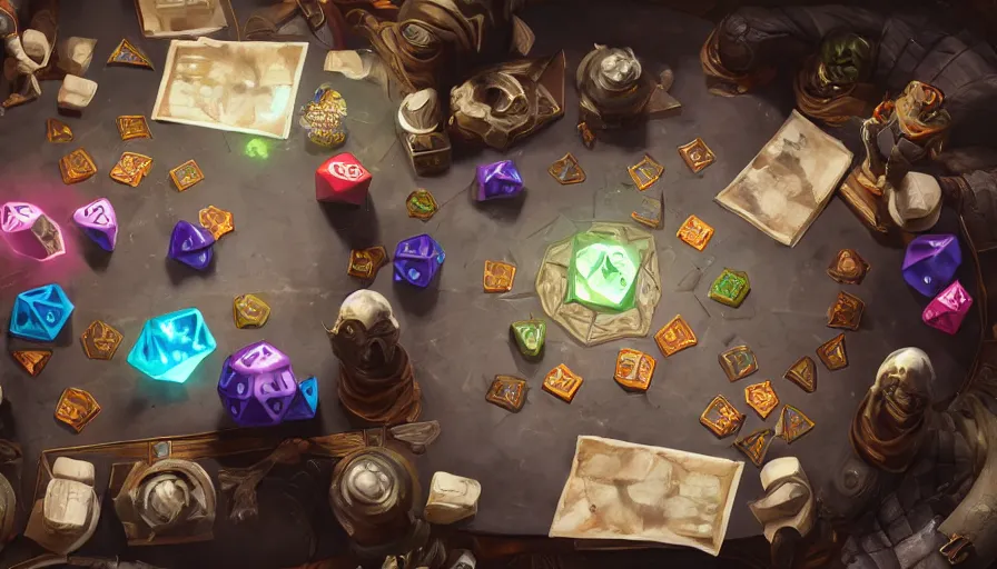 Image similar to concept art of role - playing game players around a table, rolling d 2 0 sides dice. macro. unreal engine 5. octane render. vray. arnold. maya. 1 8 mm lens. gopro, low angle, wide lens. trending on artstation. depth of field. colorful. d & d. centered image.