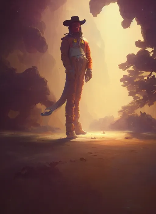 Image similar to The Space Cowboy standing outside of a space station smoking his cigar, extremely detailed digital painting, in the style of Fenghua Zhong and Ruan Jia and jeremy lipking and Peter Mohrbacher, mystical colors, rim light, beautiful Lighting, 8k, stunning scene, raytracing, octane, trending on artstation