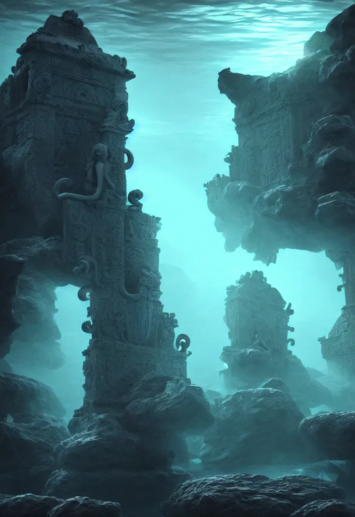 Image similar to low ultrawide shot, dark, underwater statues, submerged pre - incan temple with carvings, abyss, stylized, anime style mixed with fujifilm, detailed gouache paintings, crepuscular rays, dark, murky, foggy, atmospheric, artstation, cgsociety, unreal engine 5, octane render