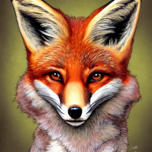 Image similar to realistic detailed face portrait of a fox detective by emilia dziubak, will terry, greg olsen, chris mars, ann long, and mark brooks, fairytale, female, feminine, art nouveau, illustration, character concept design, storybook layout, story board format