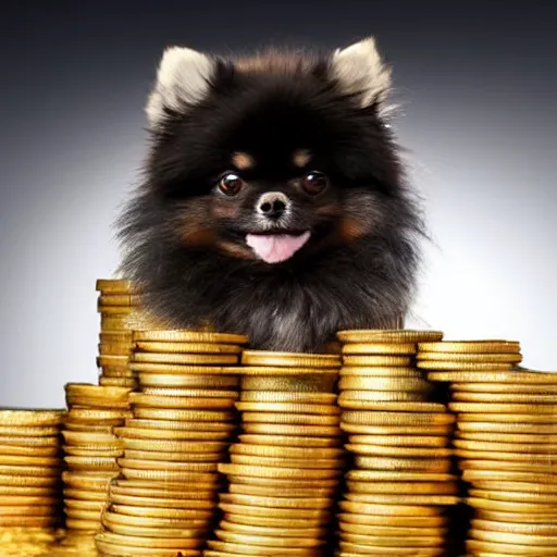 Image similar to A pomeranian wearing a top-hat, sitting on top of a large pile of gold coins