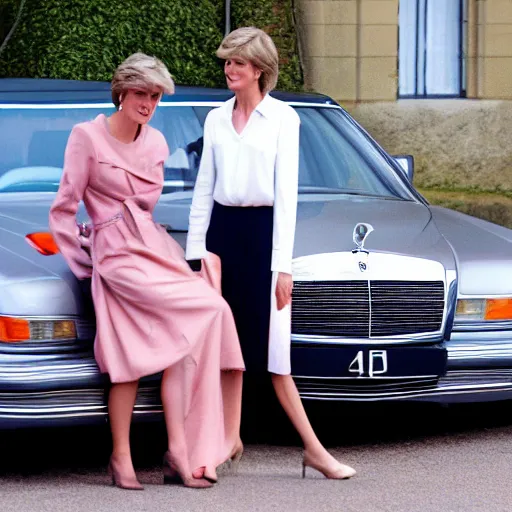 Image similar to selfie of princess Diana next to silver Mercedes-Benz W140, photograph, image, 4k HDR, trending on artstation,